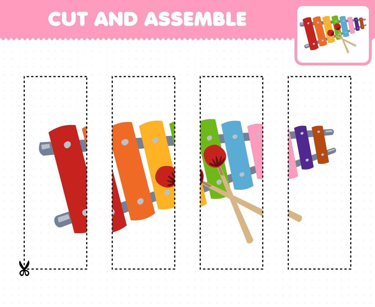 jogo de educação para crianças prática de corte e montagem de quebra-cabeça com planilha imprimível de xilofone de instrumento de música de desenho animado vetor