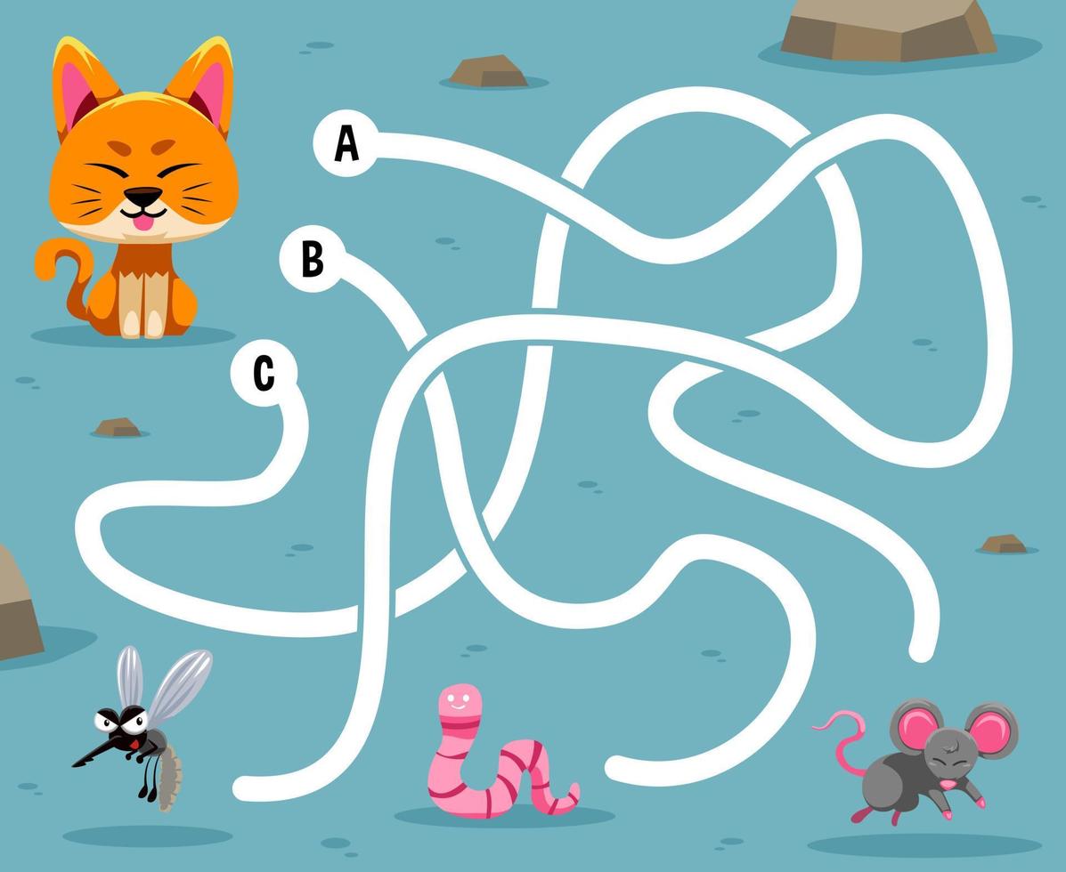 jogo de quebra-cabeça de labirinto para crianças com gato animal de desenho animado fofo procurando o verme de mosquito de comida correto ou planilha imprimível de rato vetor