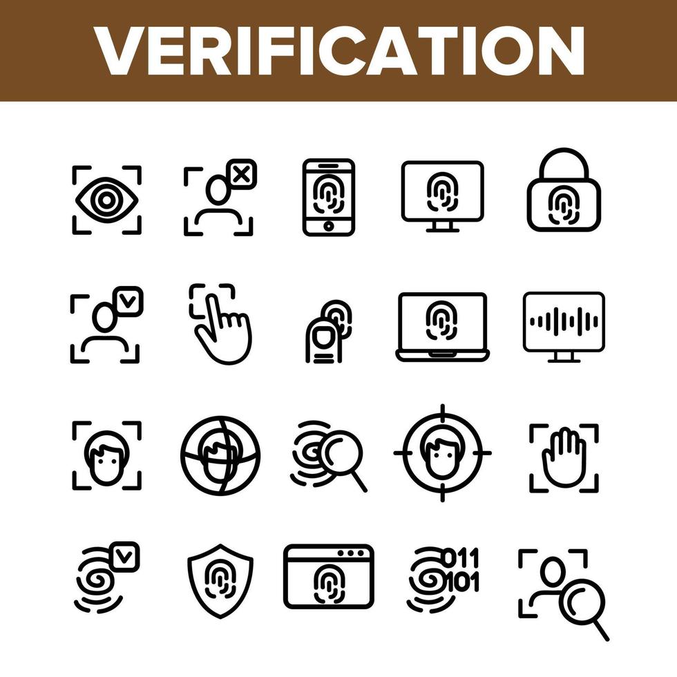 verificação do conjunto de ícones de linha fina de vetor de identificação