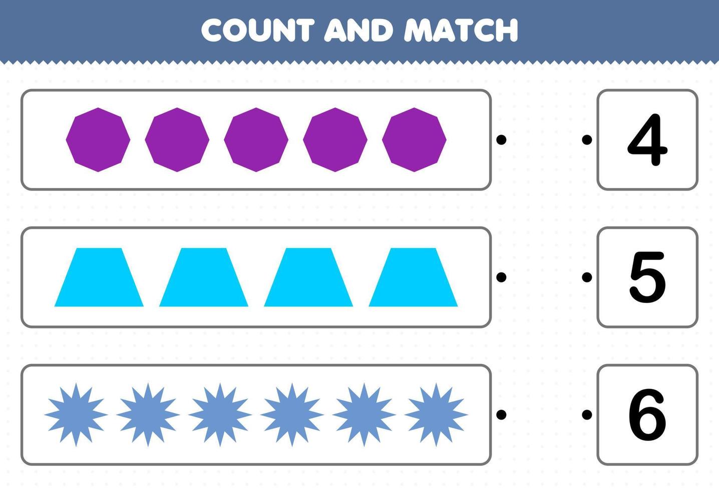 jogo educativo para crianças contar e combinar contar o número de forma geométrica octógono estrela trapézio e combinar com os números certos planilha imprimível vetor