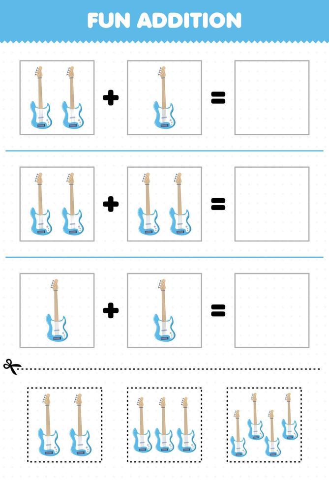 jogo educacional para crianças adição divertida por cortar e combinar instrumento de música de desenho animado planilha de imagens de baixo vetor