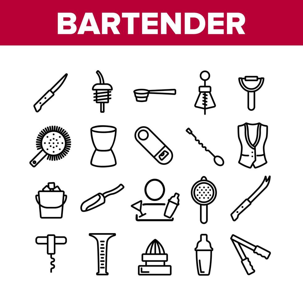 conjunto de ícones de coleção de equipamentos de barman vetor