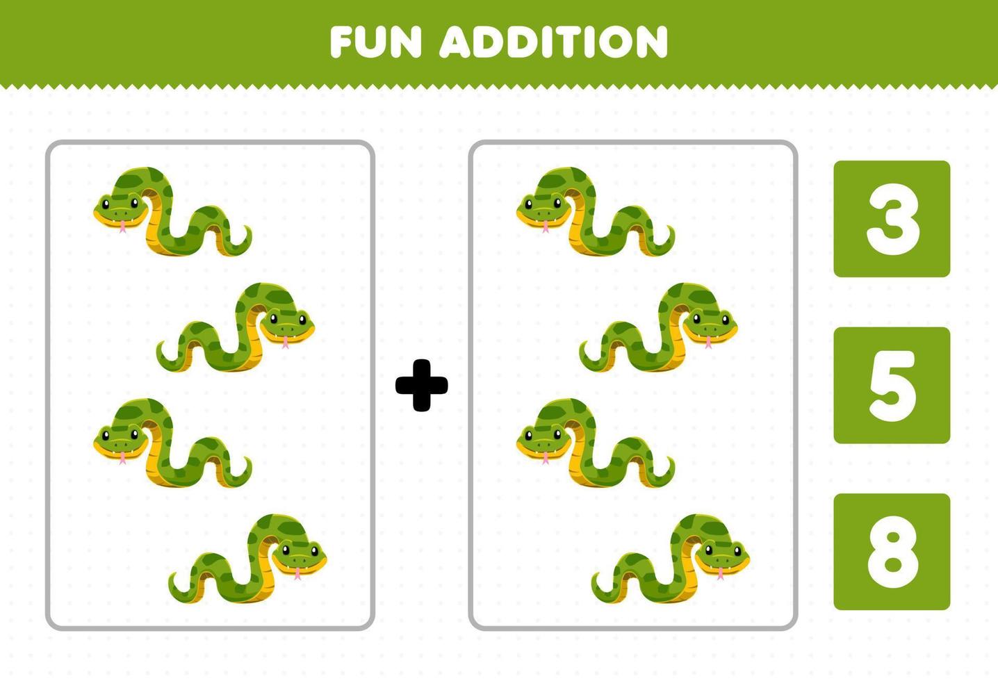 jogo de educação para crianças adição divertida por contagem e escolha a resposta correta de planilha imprimível de cobra verde de animal selvagem bonito dos desenhos animados vetor