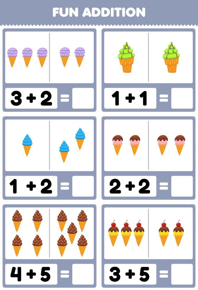 adição com sorvetes de desenho animado. jogo de matemática para crianças.  2248938 Vetor no Vecteezy