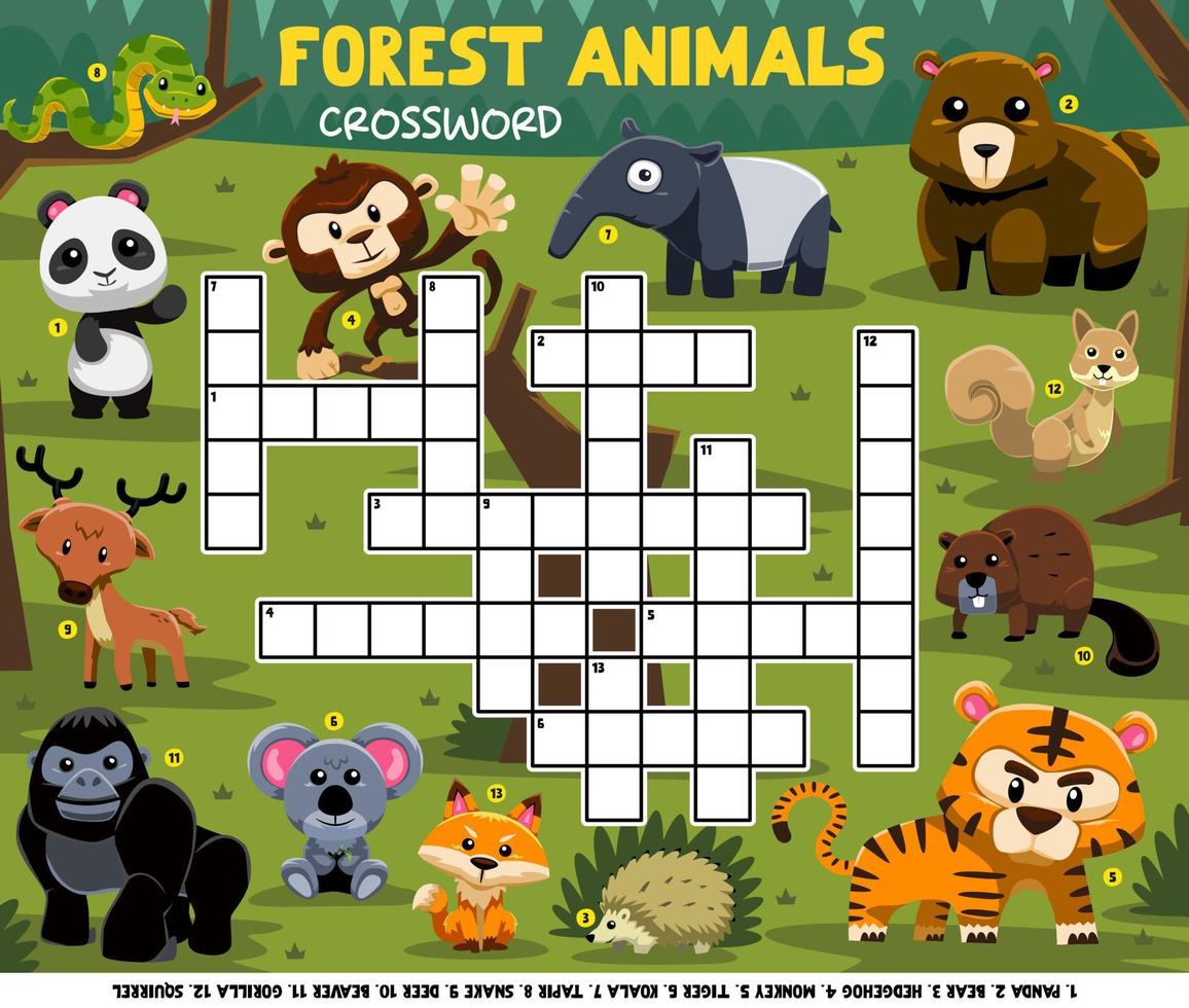 jogo de educação palavras cruzadas para aprender palavras em inglês com planilha para impressão de imagens de animais de floresta de desenhos animados fofos vetor