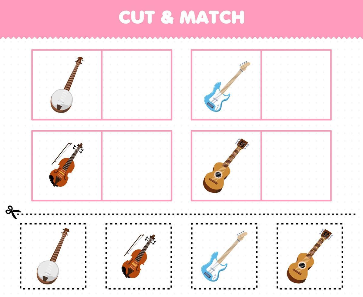 jogo de educação para crianças cortar e combinar a mesma imagem do instrumento de música dos desenhos animados banjo baixo violino guitarra vetor