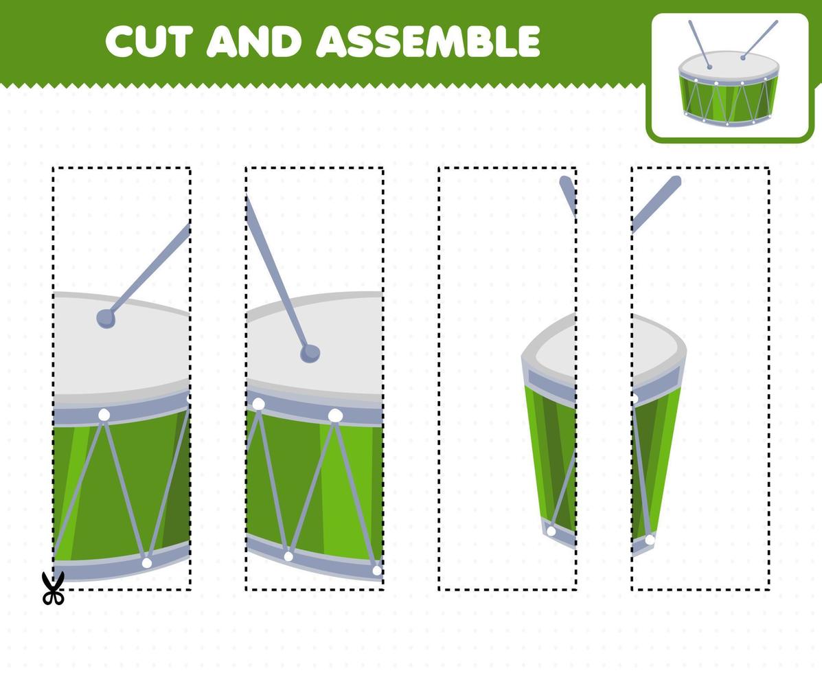 jogo de educação para crianças prática de corte e montagem de quebra-cabeça com planilha para impressão de tambor de instrumento de música de desenho animado vetor