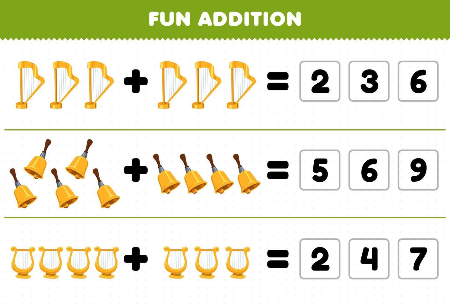 jogo de educação para crianças adição divertida por adivinhar o número correto de instrumento de música de desenho animado harpa sino lira planilha imprimível vetor