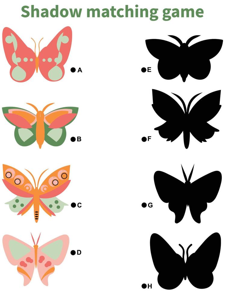 atividade de correspondência de sombra de borboletas para crianças. divertido quebra-cabeça de primavera com insetos fofos. vetor