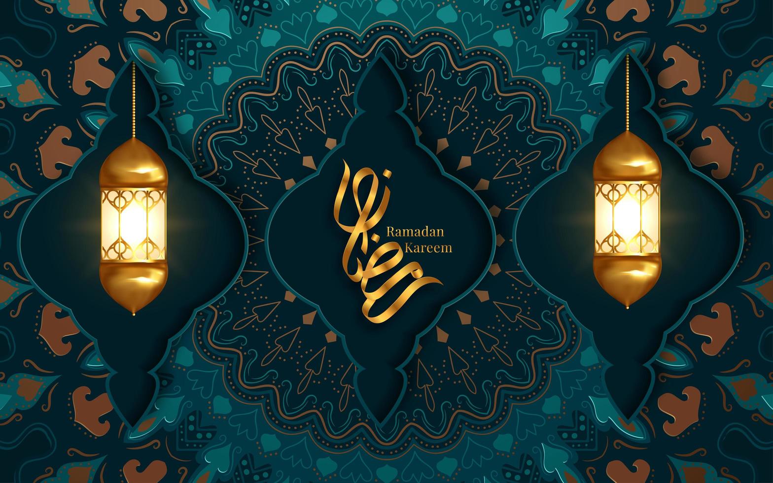 Ramadan Kareem saudação com duas lanternas de suspensão vetor