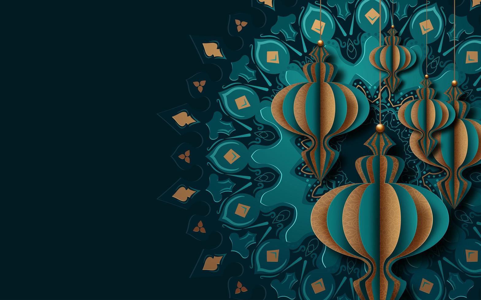 Design de cartão de ramadan lanterna e mandala 3D vetor