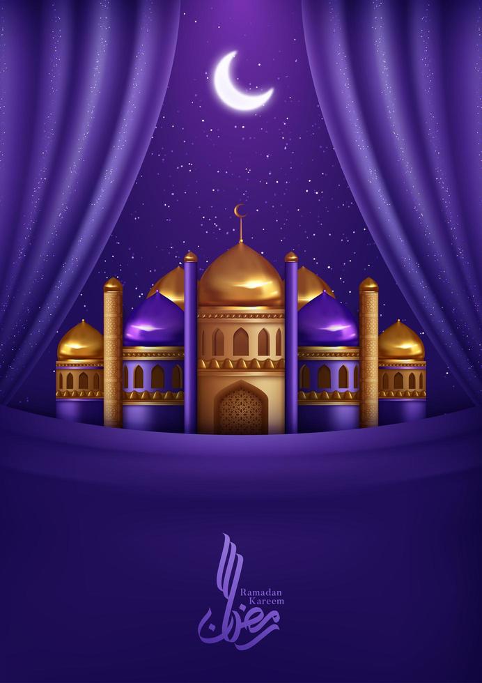 Ramadan Kareem saudação com cortinas roxas e Mesquita vetor