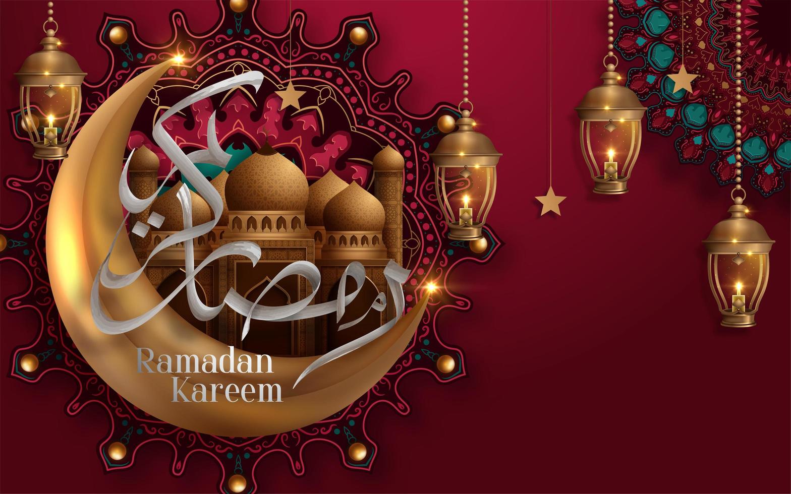 caligrafia de ramadan kareem com mesquita em design de lua vetor