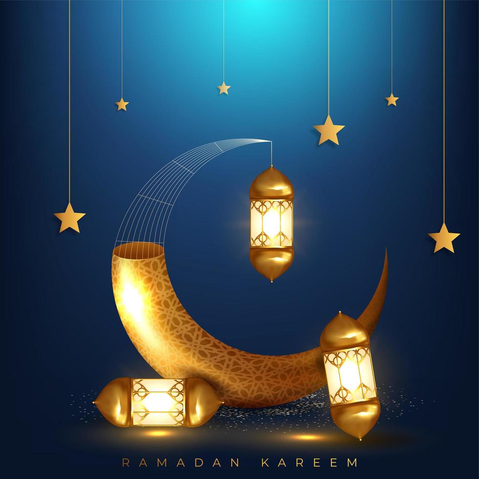 ramadan kareem saudação com chifre de ouro e lanternas vetor