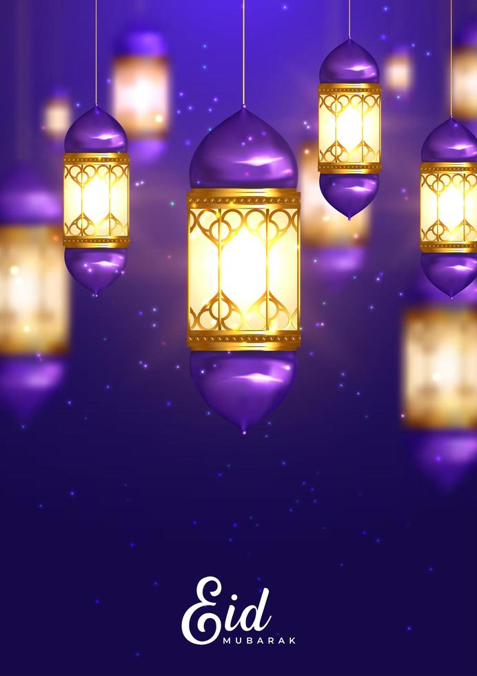 lanternas brilhantes roxo eid mubarak de vetor