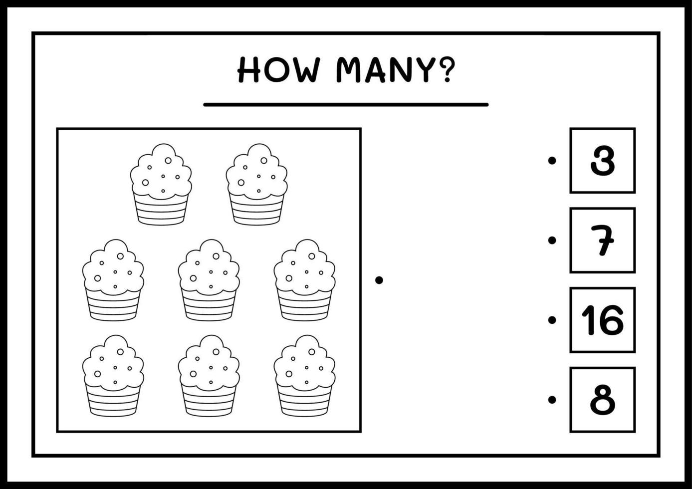 quantos bolo de xícara, jogo para crianças. ilustração vetorial, planilha para impressão vetor