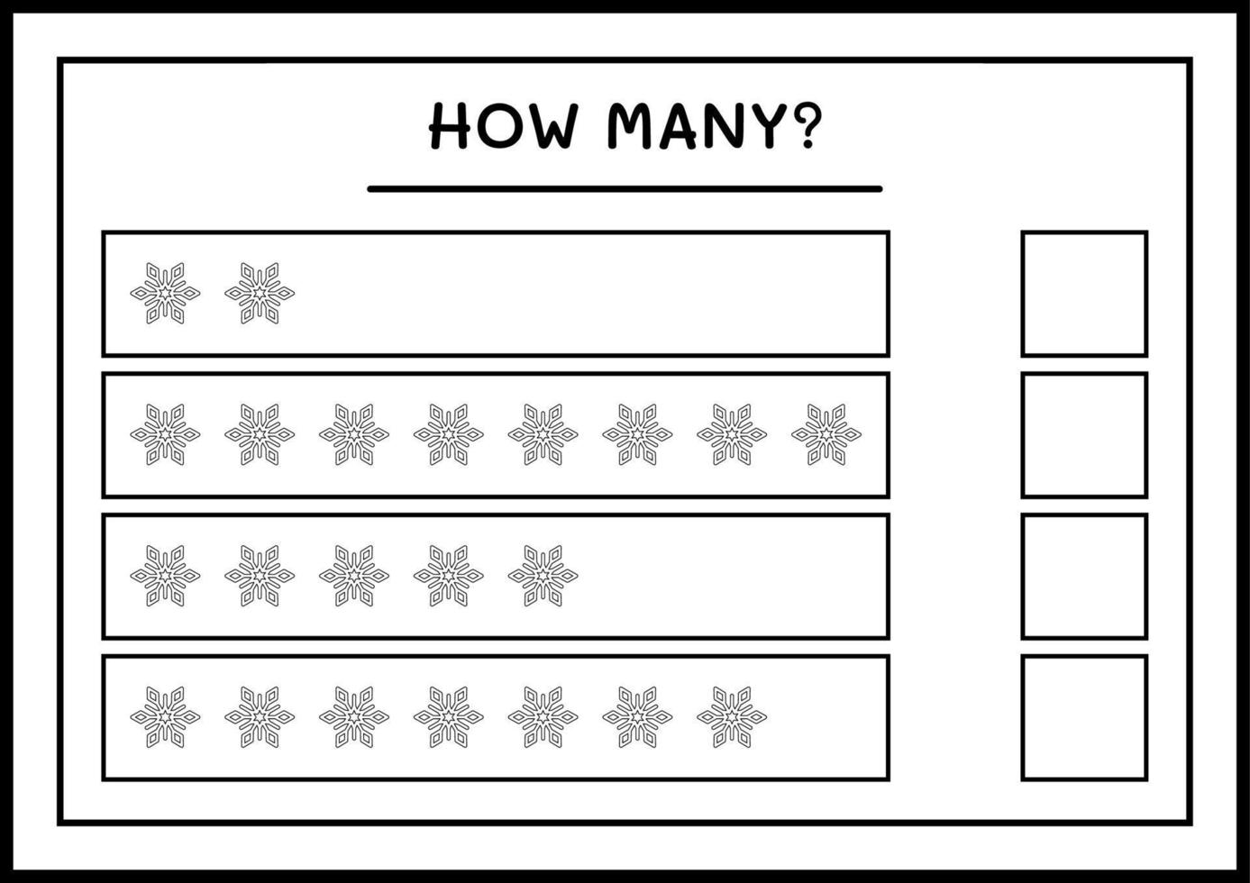 quantos floco de neve, jogo para crianças. ilustração vetorial, planilha para impressão vetor