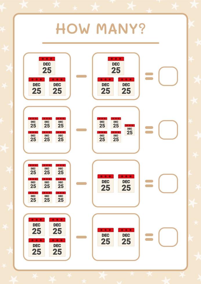 quantos calendário de natal, jogo para crianças. ilustração vetorial, planilha para impressão vetor