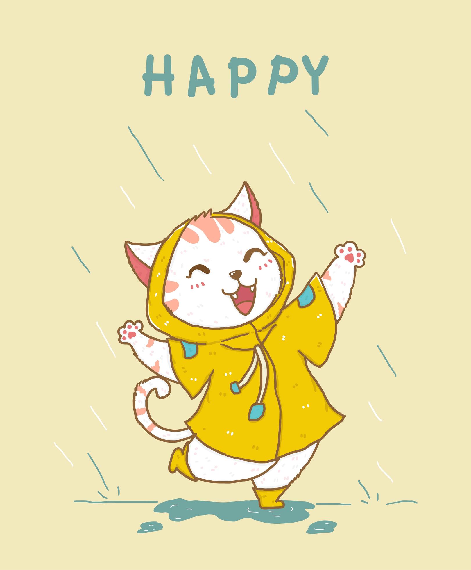 gato branco fofo e feliz com uma capa de chuva amarela pulando na chuva vetor