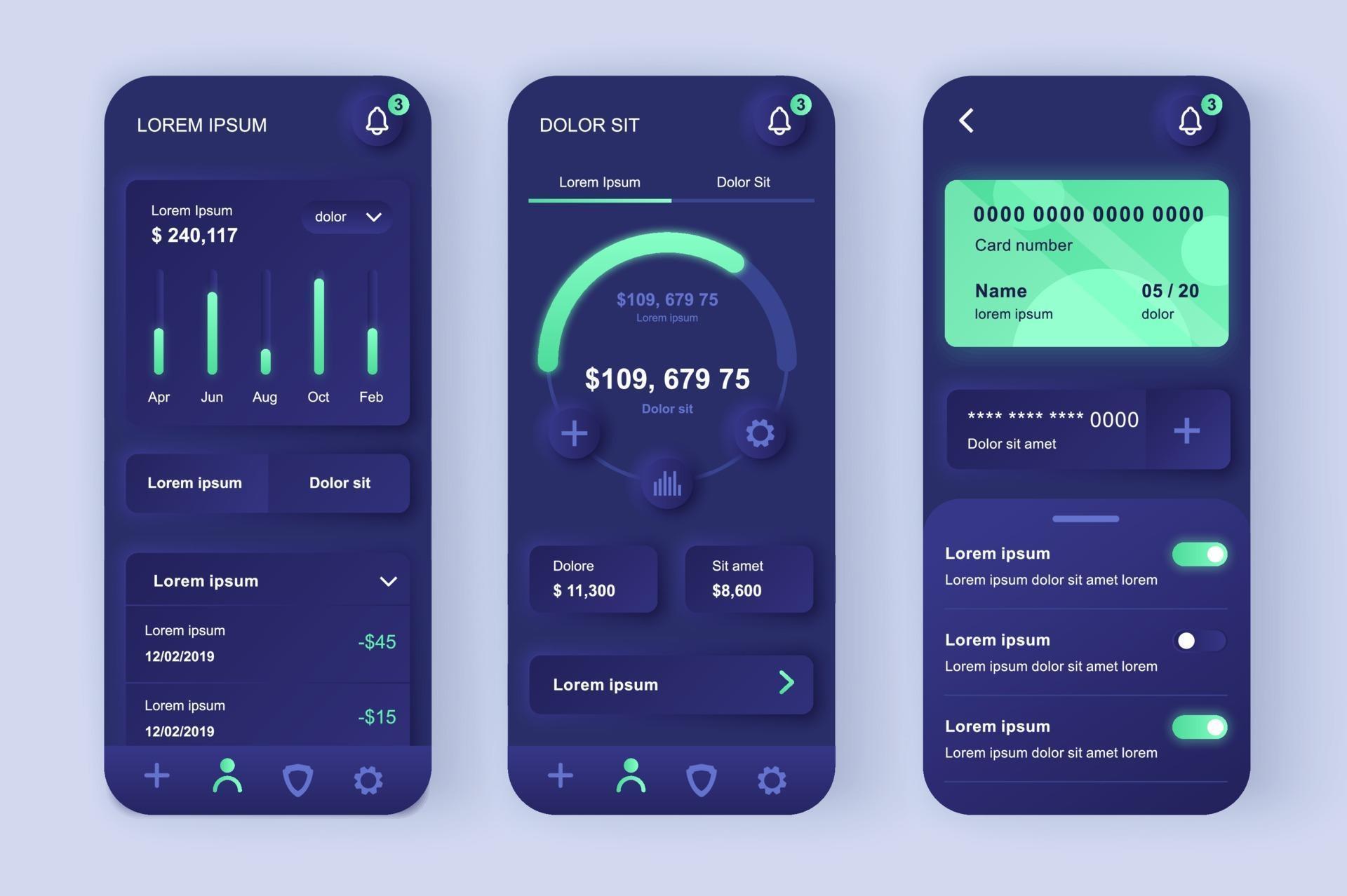 serviços financeiros kit exclusivo de design de aplicativo móvel neomórfico vetor