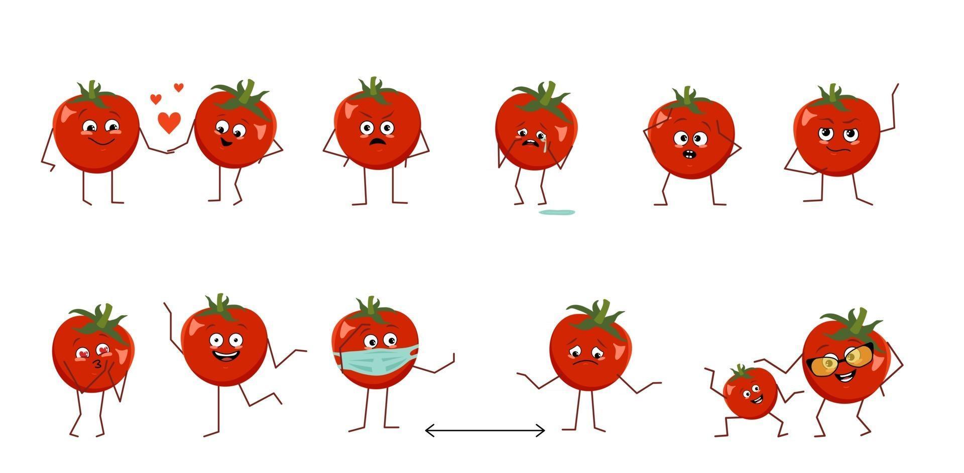 conjunto de personagens fofinhos de tomates com emoções diferentes, isoladas no fundo branco. os heróis engraçados ou tristes, vegetais vermelhos brincam, se apaixonam, mantêm distância vetor
