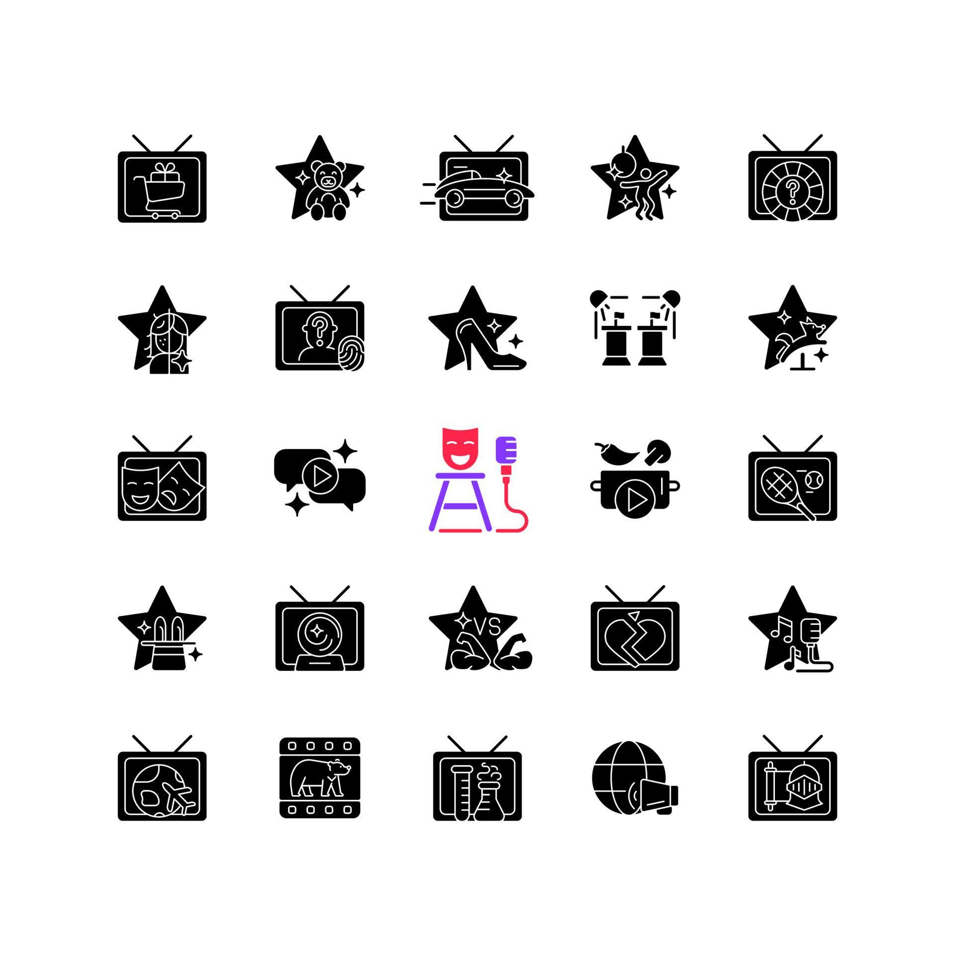 ícones de glifo preto de programa de tv definidos no espaço em branco vetor