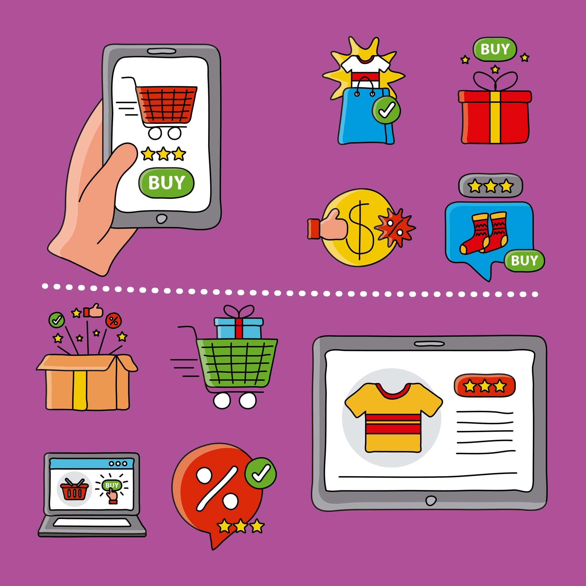 tecnologia de compras online com ícones de conjunto de smartphones e tablets vetor