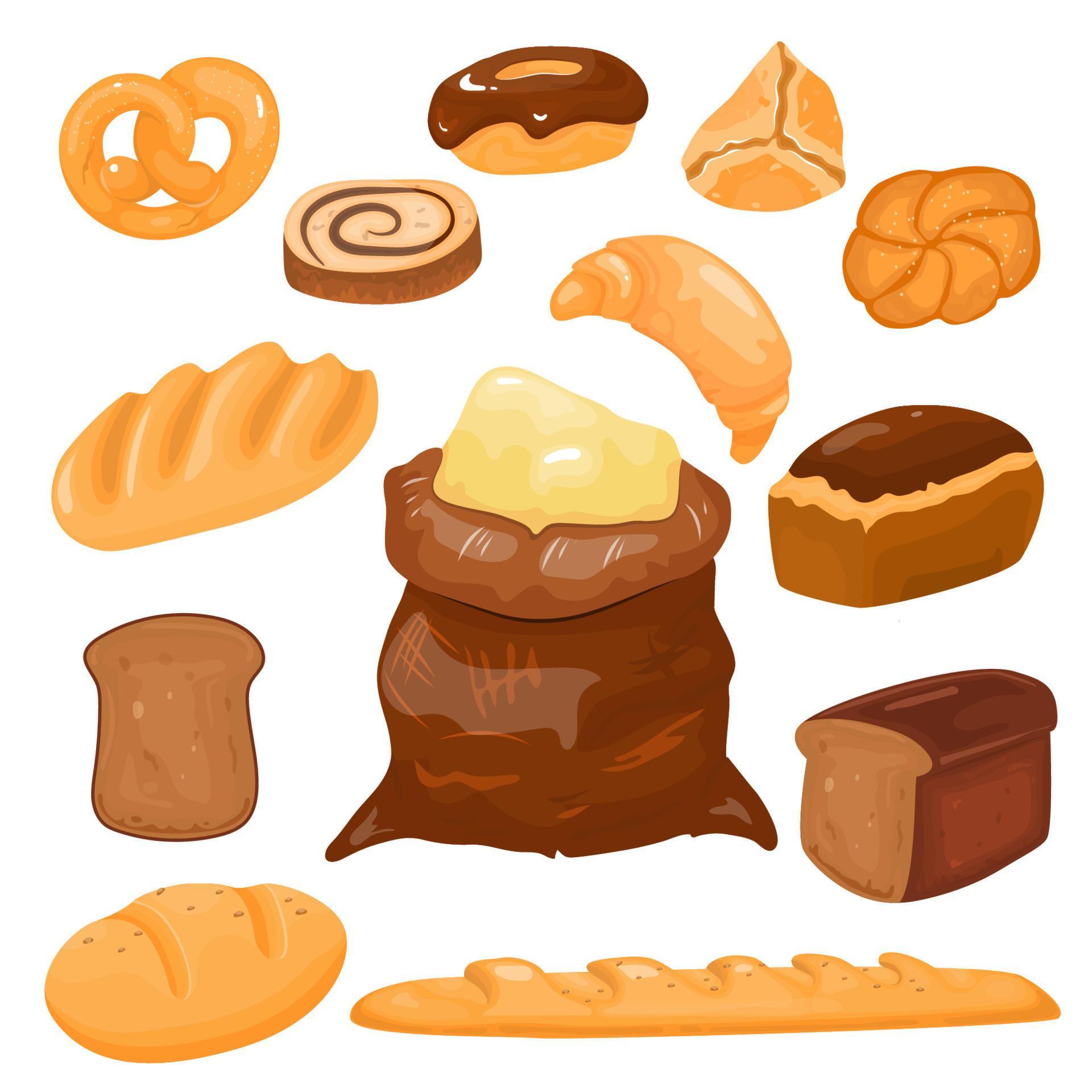 pão e bolos dos desenhos animados. produtos de confeitaria de trigo, pão de centeio. baguete, pretzel e ciabatta, croissant e bolinho, conjunto de vetores. vetor