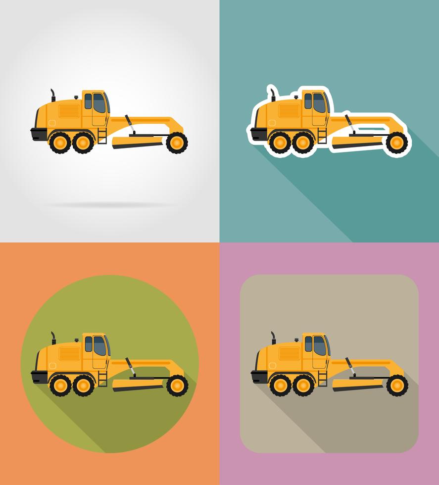 motoniveladora para obras rodoviárias planas ícones vector illustration
