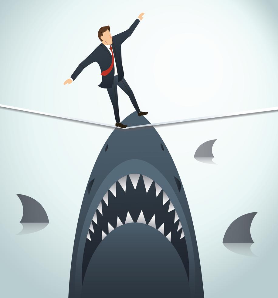 ilustração de um empresário andando na corda com tubarões por baixo risco de negócio vetor