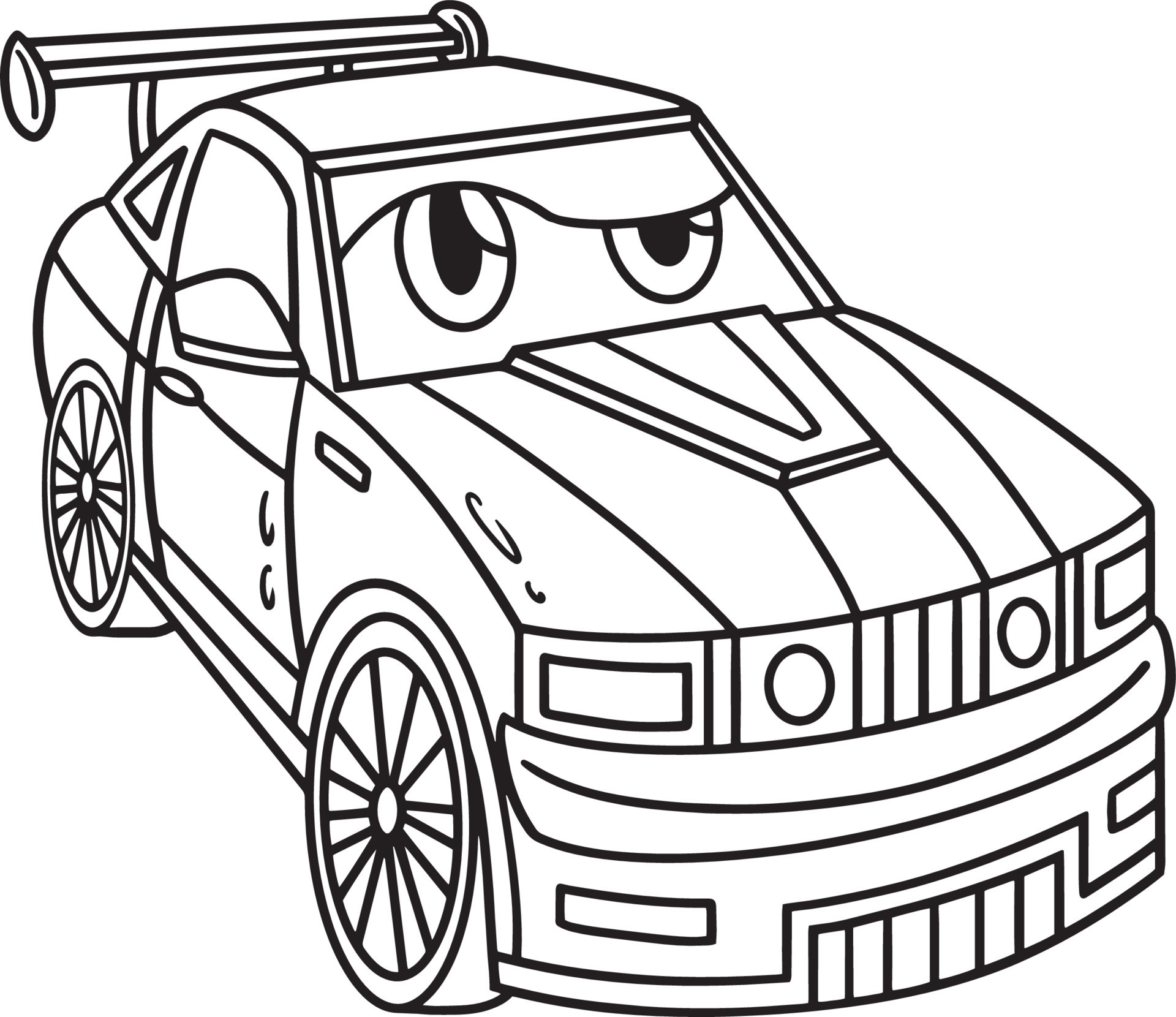 Página para colorir de carro de corrida com rosto de veículo
