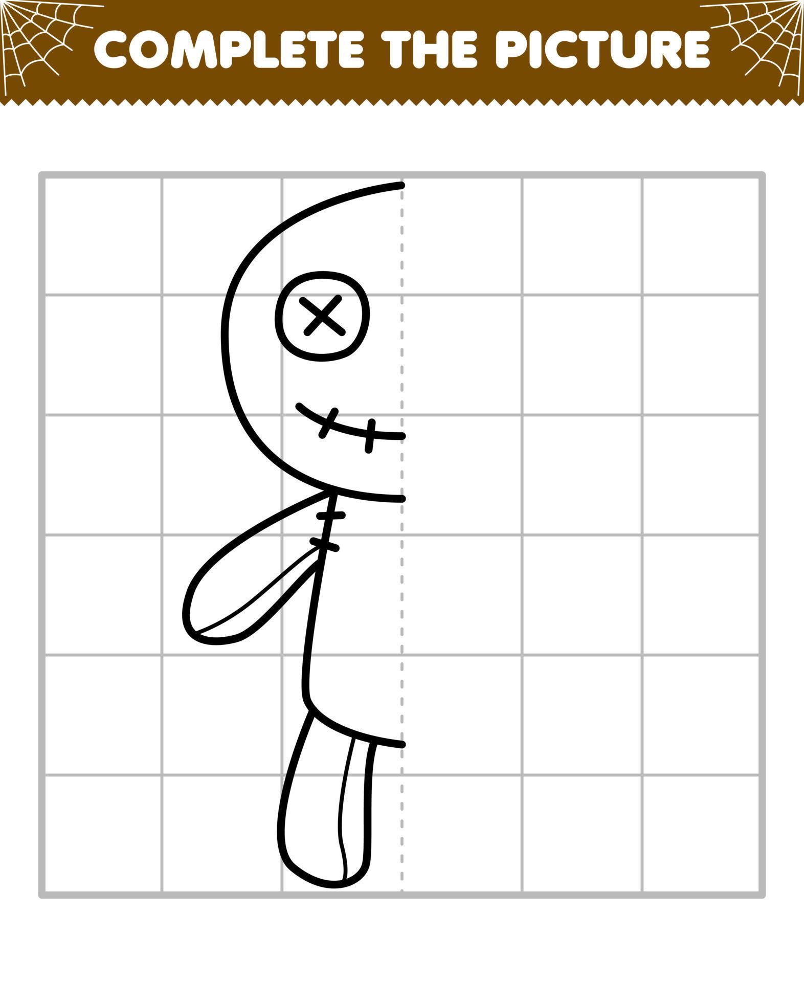 O jogo educacional para crianças completa a imagem do meio esboço do morcego  de halloween bonito dos desenhos animados para desenhar a planilha  imprimível