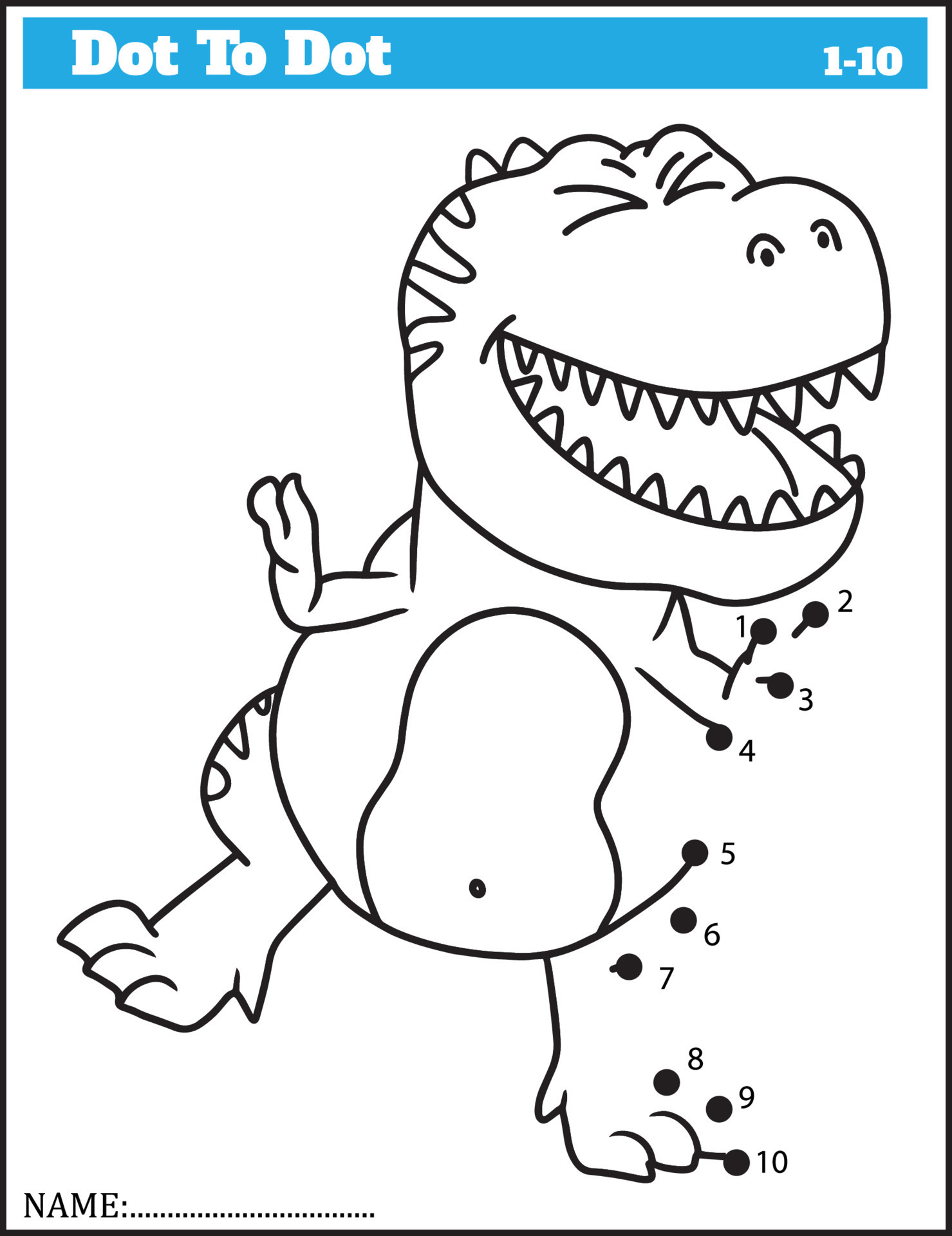 dinossauro engraçado dos desenhos animados. jogo ponto a ponto para  crianças, planilha de números. 10506586 Vetor no Vecteezy