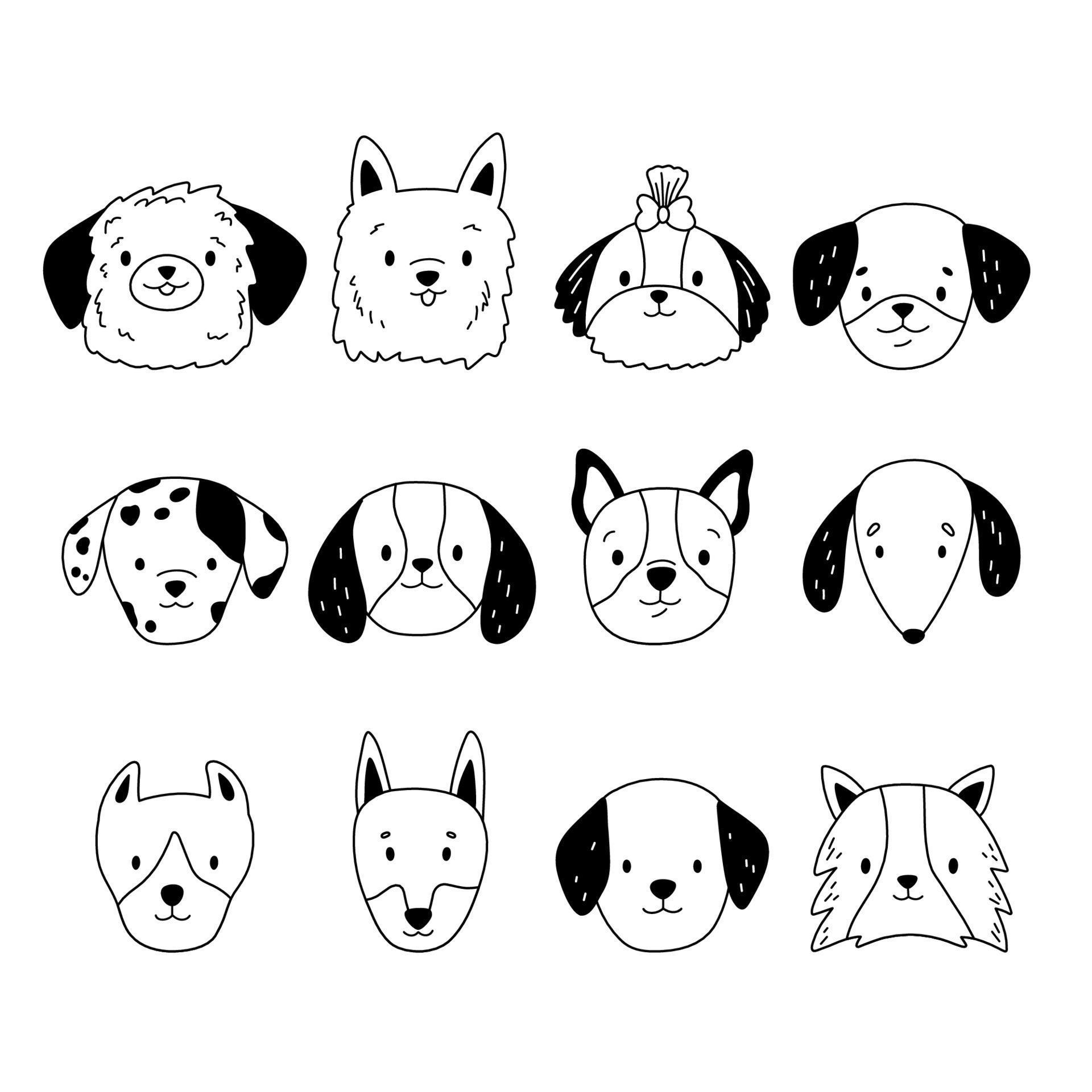 Conjunto de ilustração de doodle de desenho animado de animais kawaii