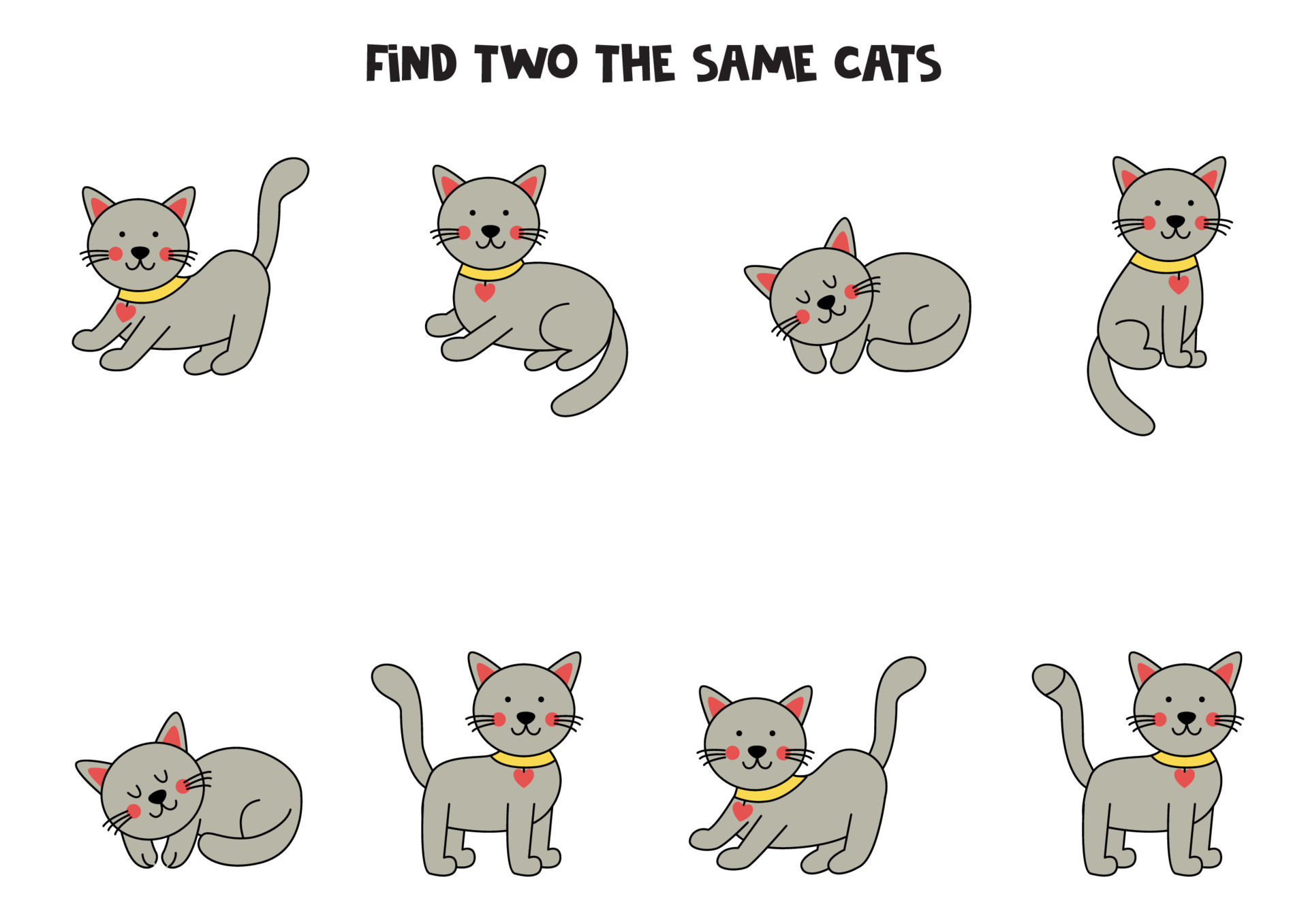 encontre dois gatos cinzentos idênticos e fofos. jogo educativo para