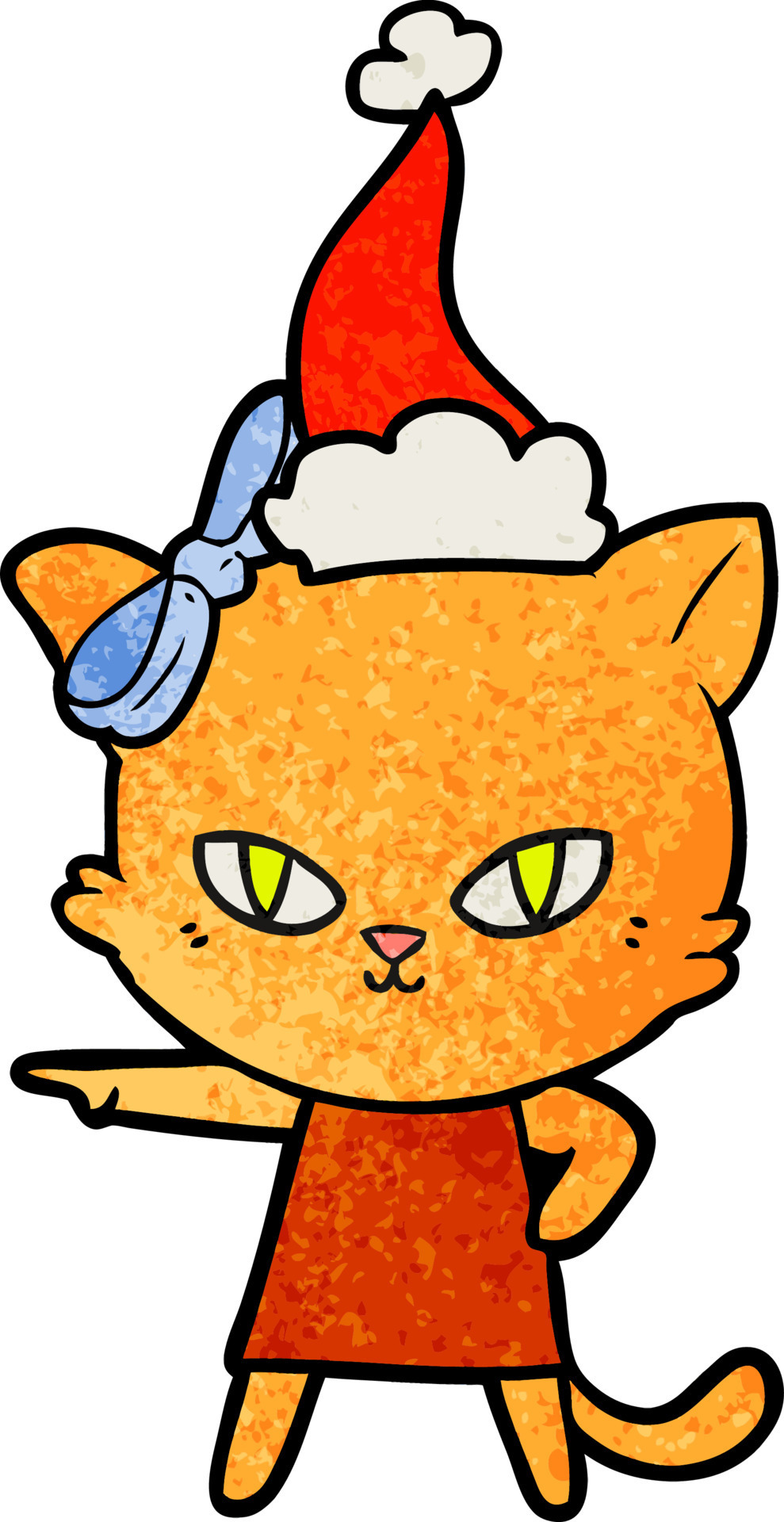 Um gato de desenho animado com um vestido laranja e um chapéu que diz o  nome do gato.