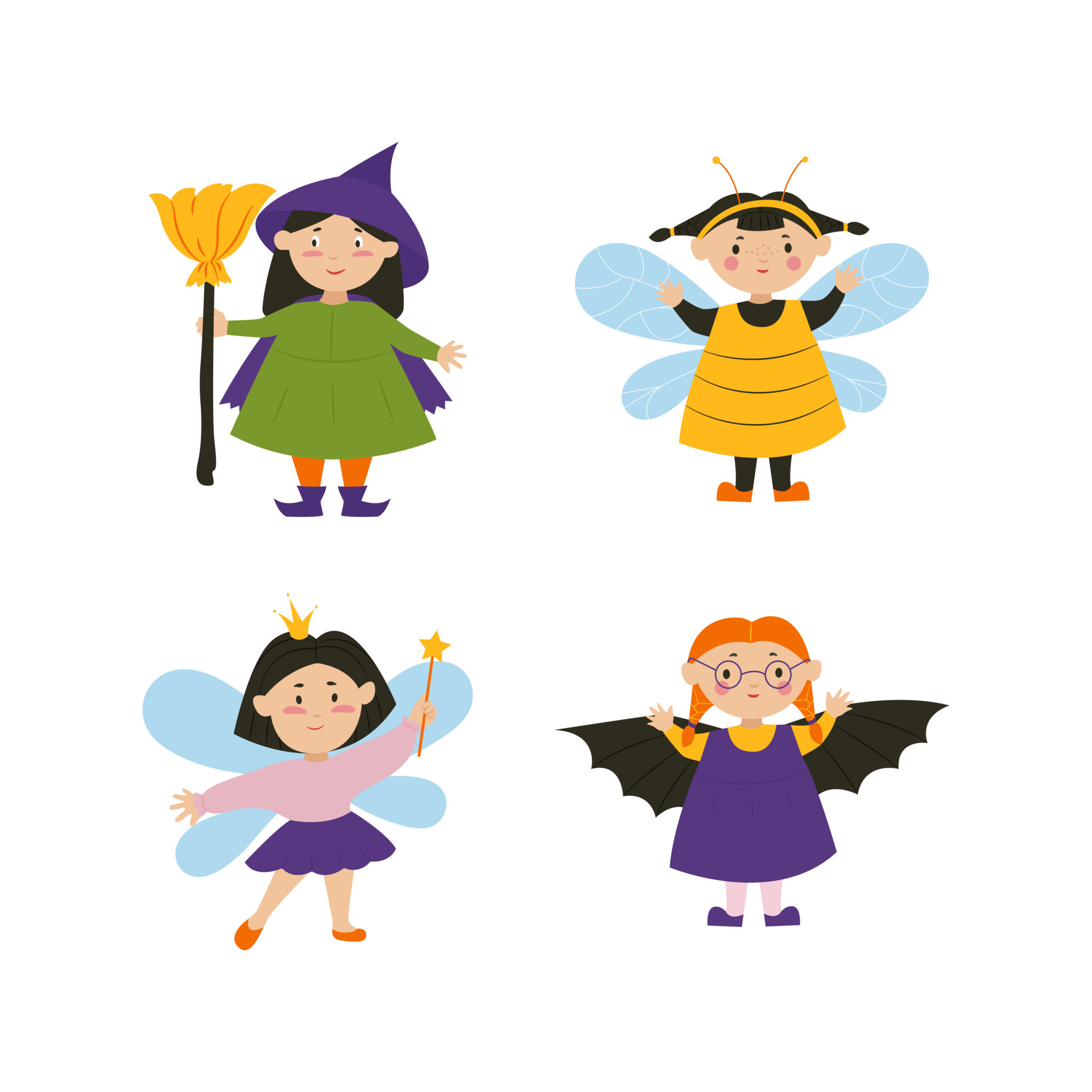 meninas bonitas de halloween em fantasias de morcego, abelha e bruxa.  personagens do dia das bruxas. ilustração vetorial em estilo simples.  10818892 Vetor no Vecteezy