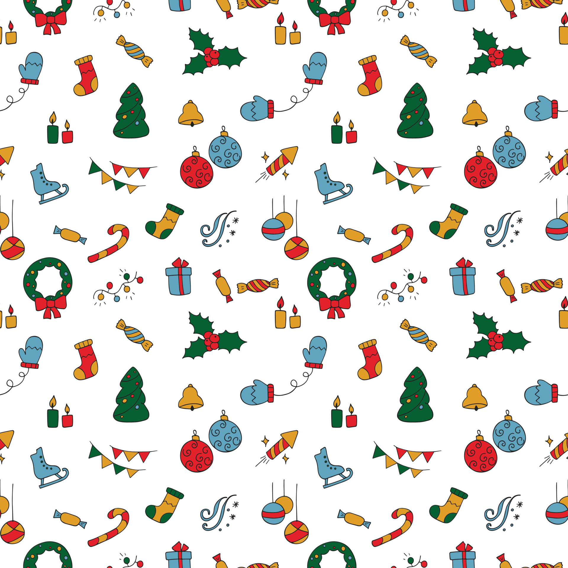 textura perfeita de ícones de ano novo, símbolo de natal. padrão de ícones  de férias de inverno desenhados à mão, papel de parede. fundo de desenho  animado sobre o tema dos feriados
