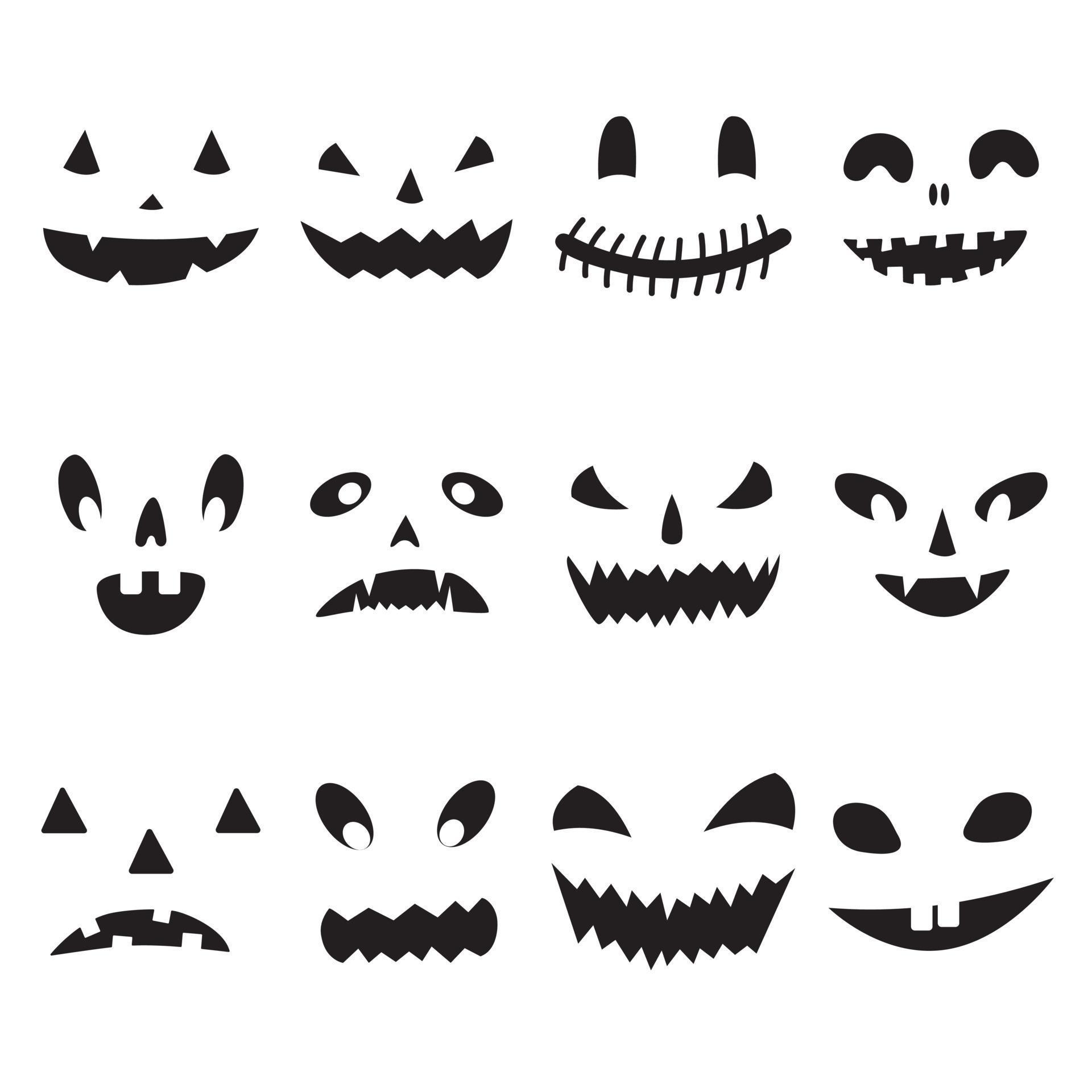 Rostos assustadores de halloween rosto sorridente abóbora de halloween ou  desenho fantasma sorriso assustador olhos negros isolados e bocas máscaras  de férias conjunto de vetores berrante