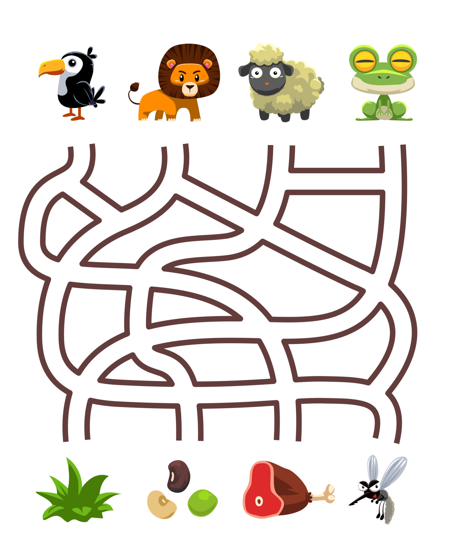 jogo de quebra-cabeça de labirinto para crianças par de sapo de ovelha leão  tucano bonito dos desenhos animados com a planilha imprimível de comida  correta 11208250 Vetor no Vecteezy