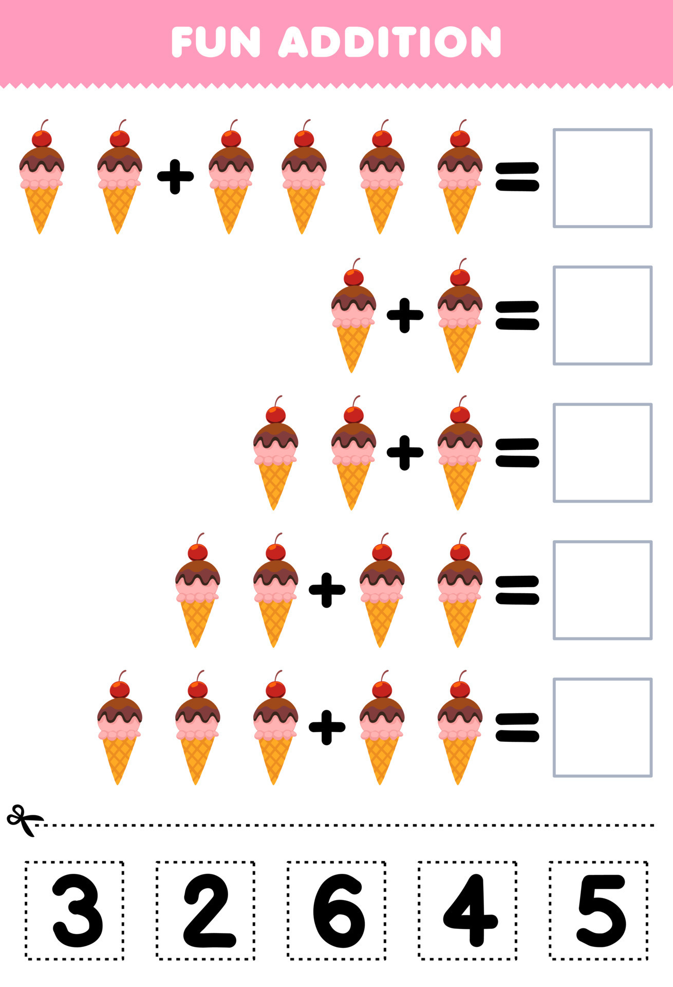 Adição com sorvete dos desenhos animados. jogo de matemática educacional  para crianças. resolva as equações. educação em casa. página de atividade  imprimível.