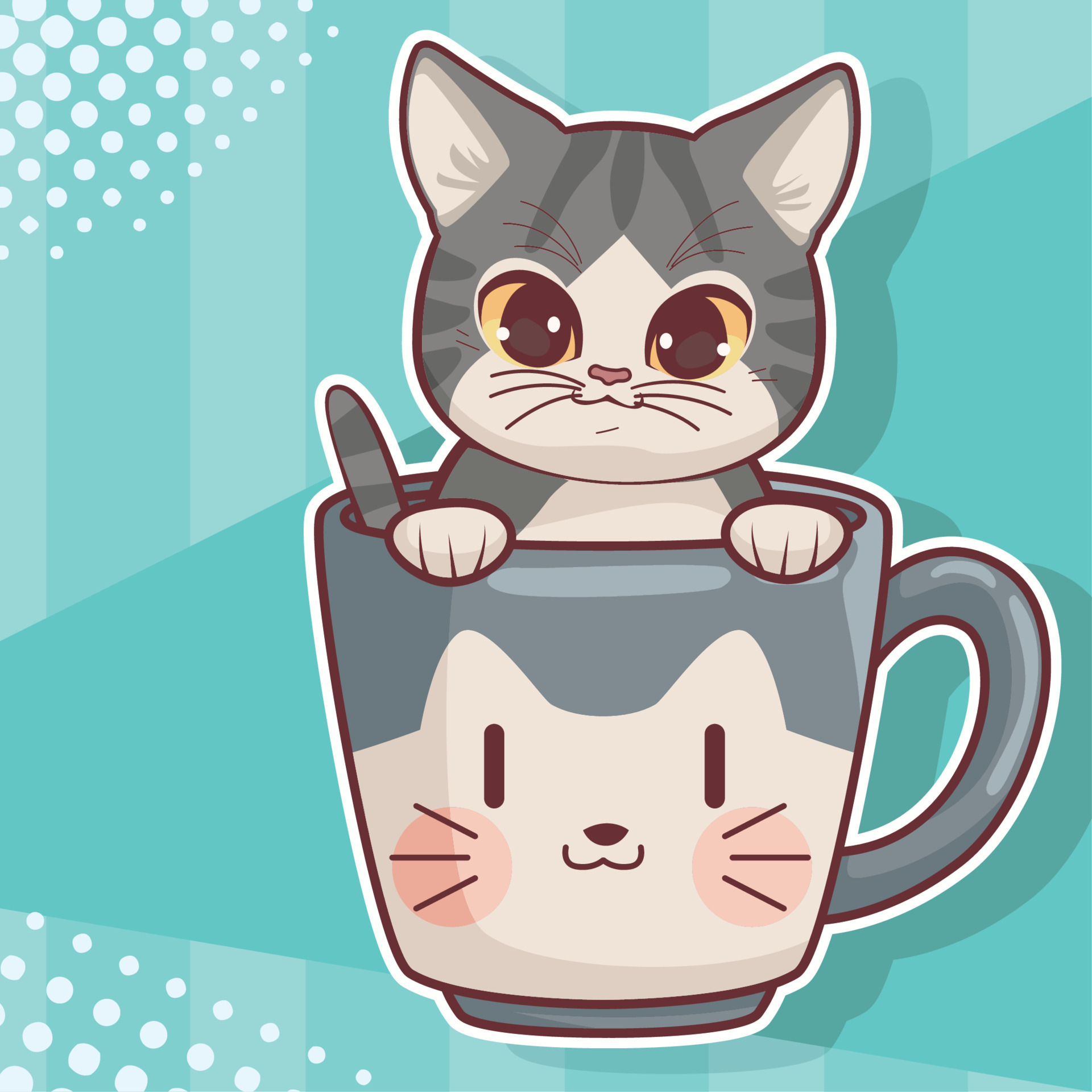 Vetor de desenho animado de anime de gato fofo Kawaii bebendo chá