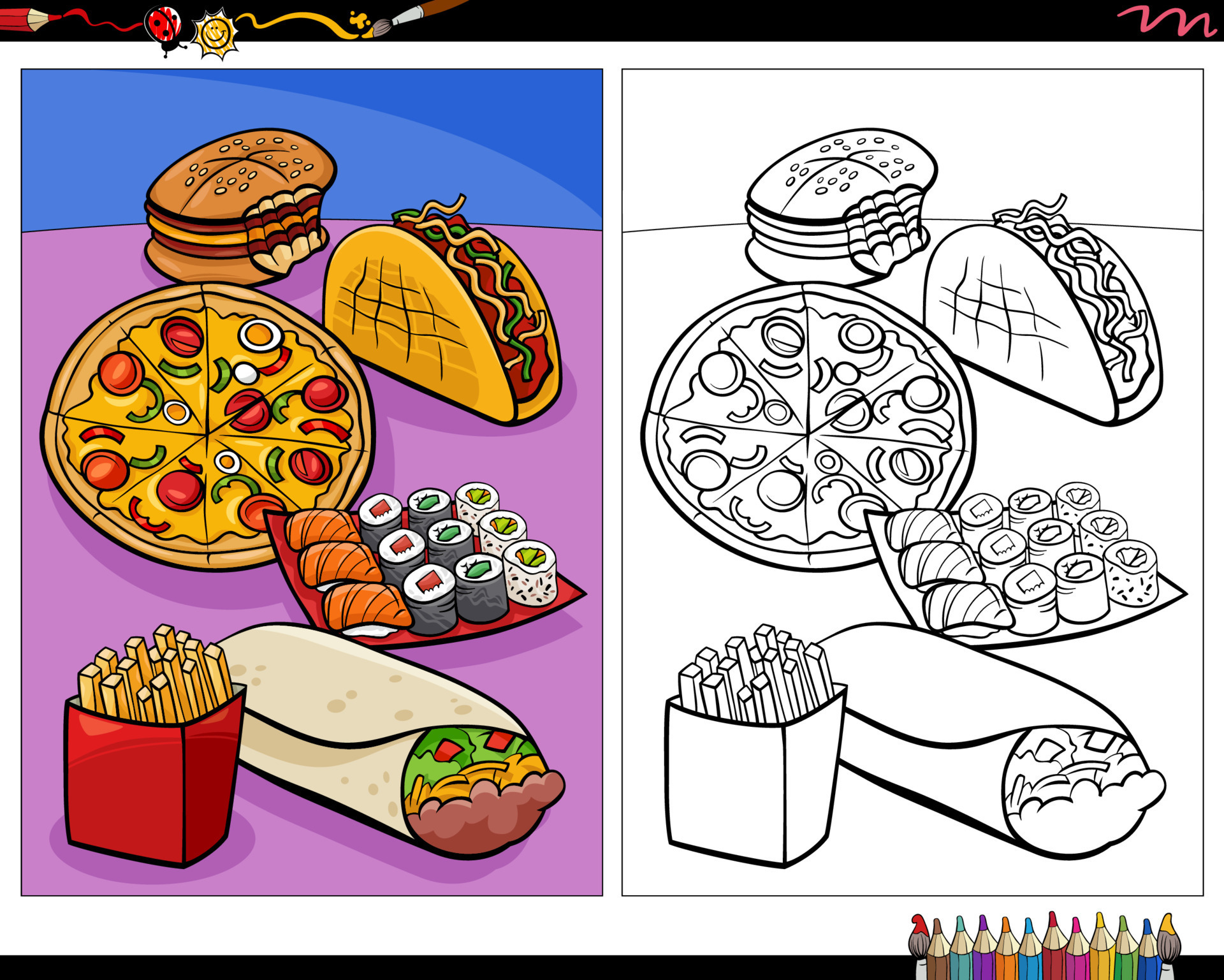 Desenho de colorir desenhos animados de comida desenhada à mão