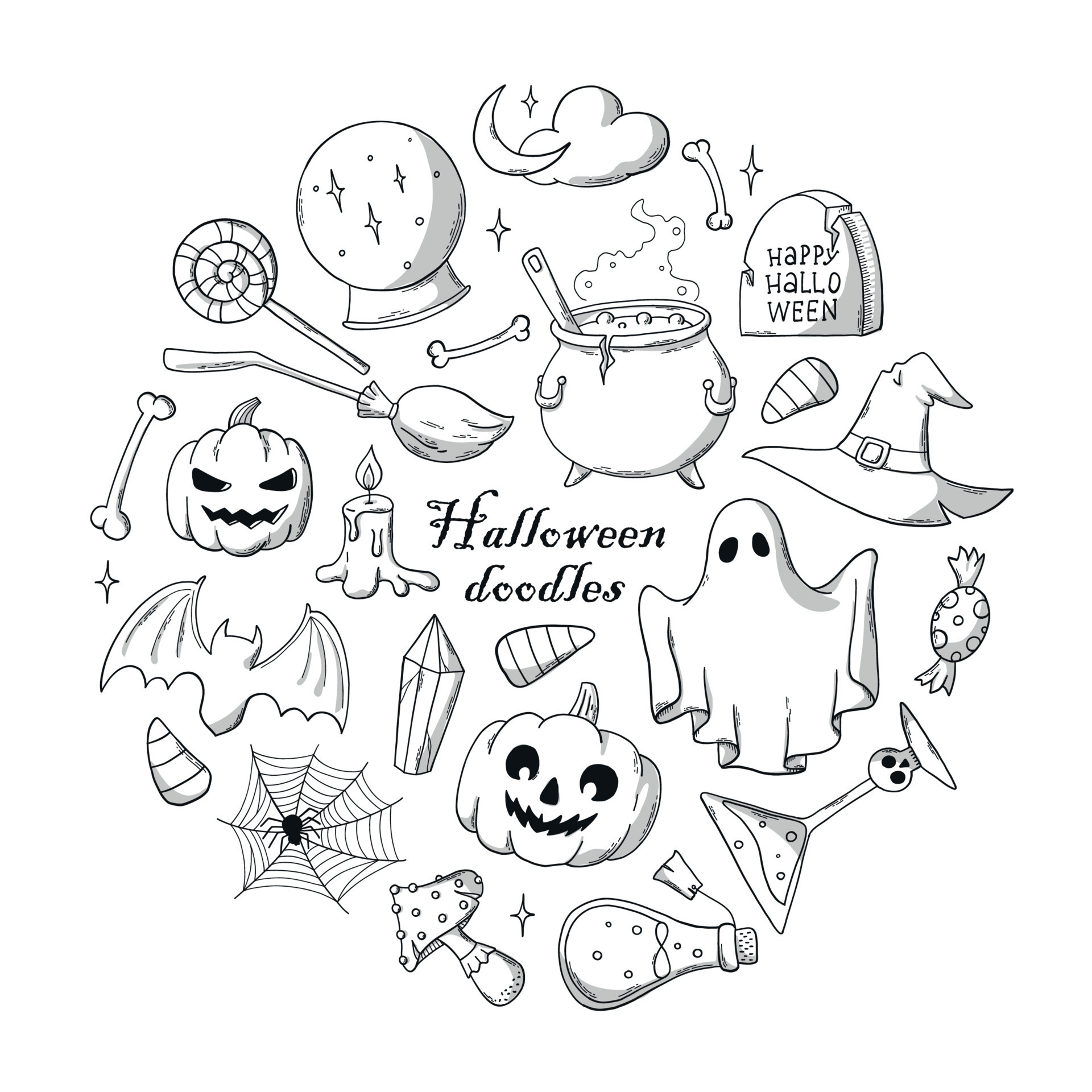 Conjunto doodle desenho mão desenhada halloween preto e branco