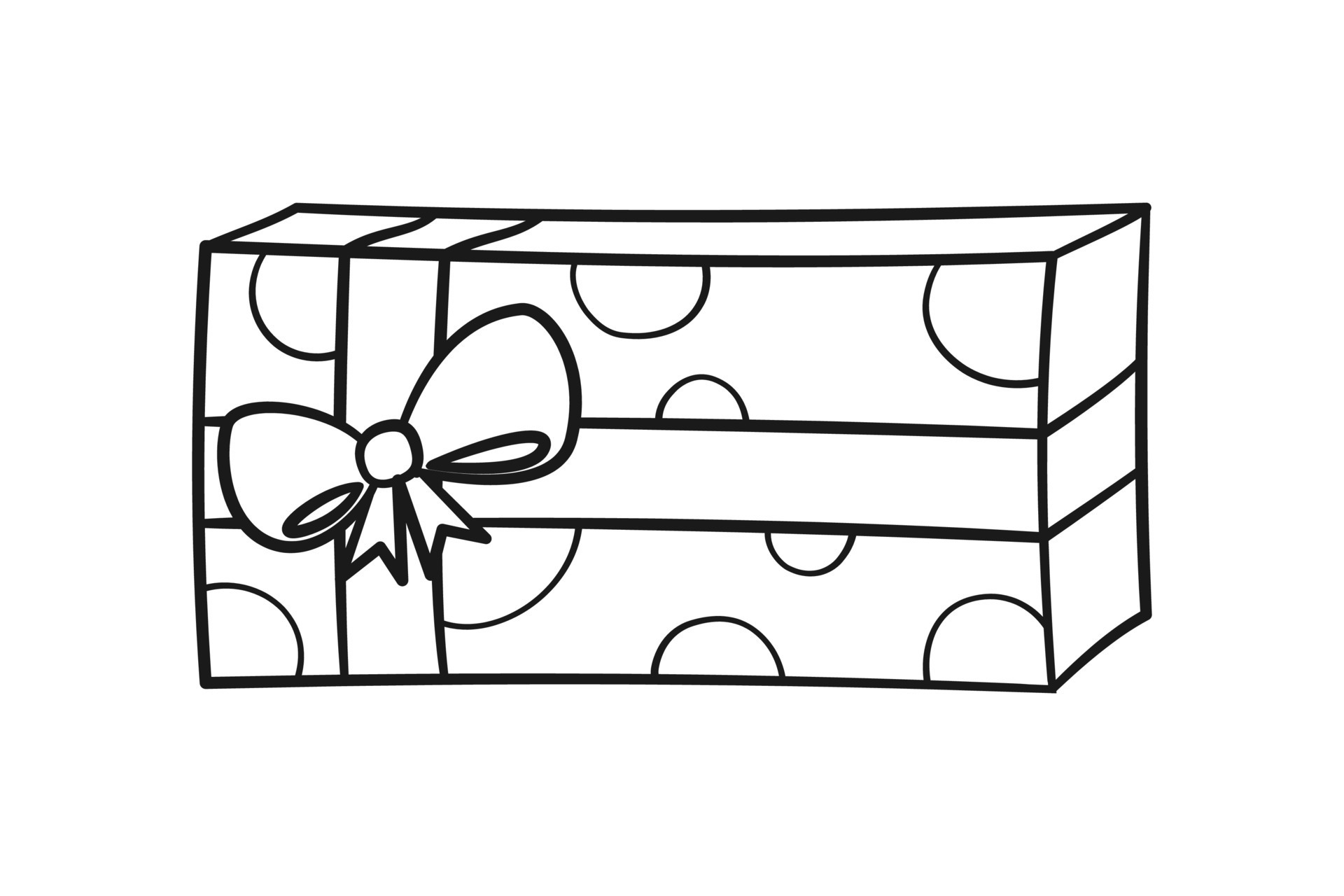 caixa de presente com bolinhas e desenho de arco. contorno de ilustração de  presente de natal ou aniversário. planilha de atividade imprimível de  página de livro para colorir para crianças. 11481074 Vetor