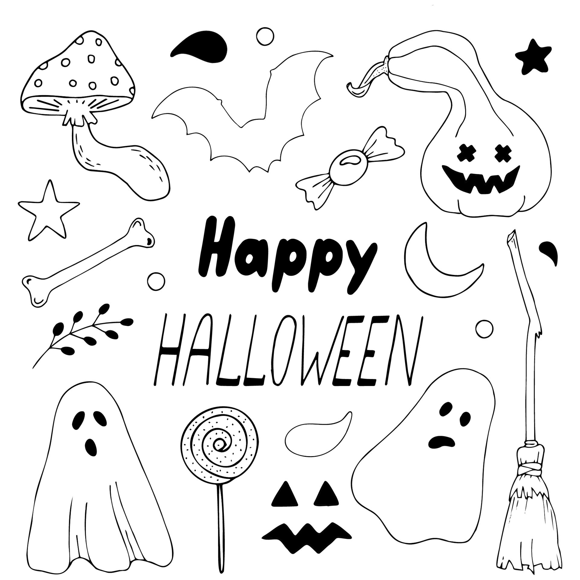 conjunto de ilustrações no estilo de doodle sobre o tema do halloween.  desenhos simples e fofos com fantasmas, abóboras e doces. fotos engraçadas  para crianças 10403146 Vetor no Vecteezy