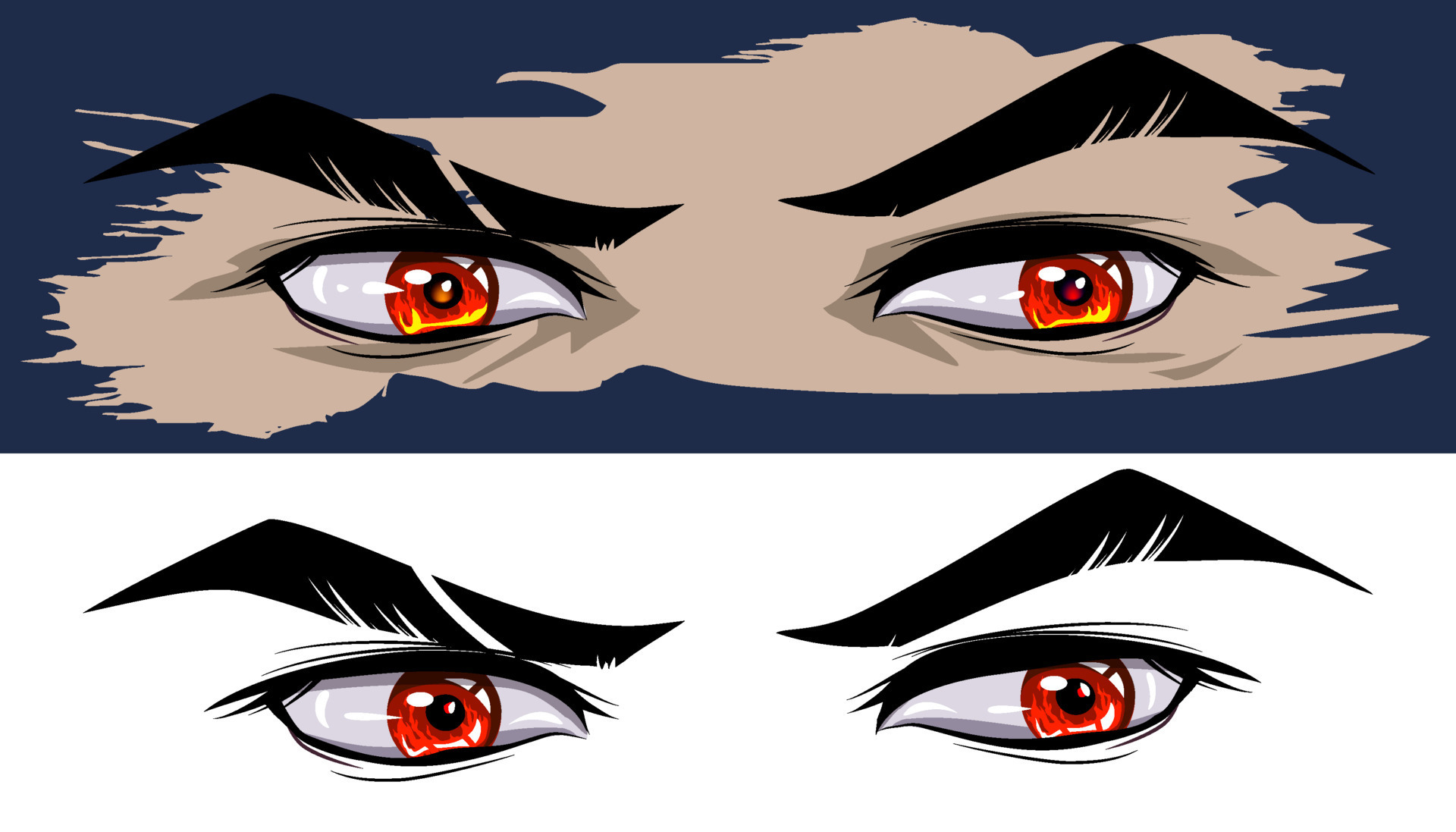 olhar furioso de um homem no estilo mangá e anime. guerreiro de olhos  vermelhos no estilo mangá e anime. 11853974 Vetor no Vecteezy