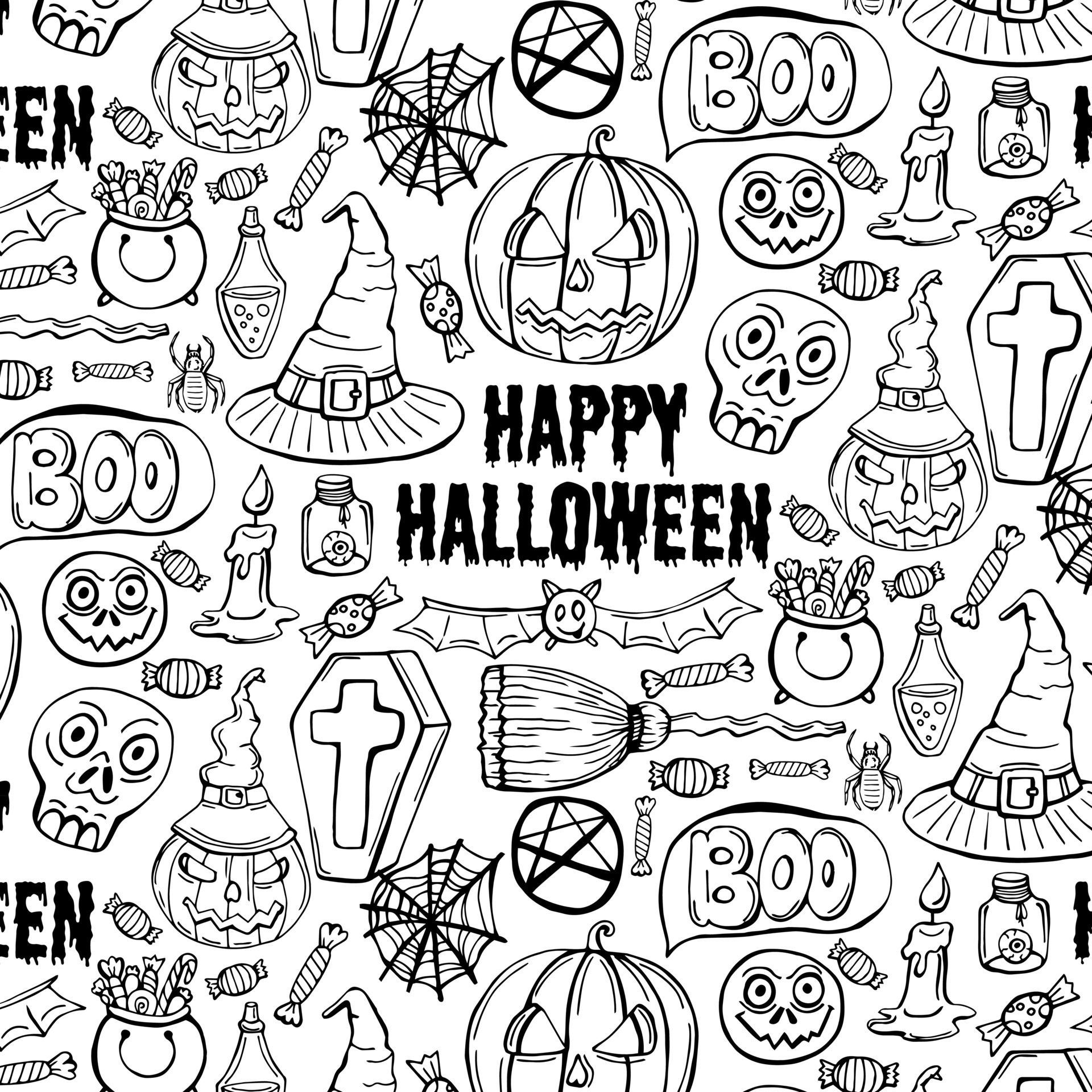 Grande padrão sem emenda de halloween com elementos de estilo doodle  simples de desenho animado