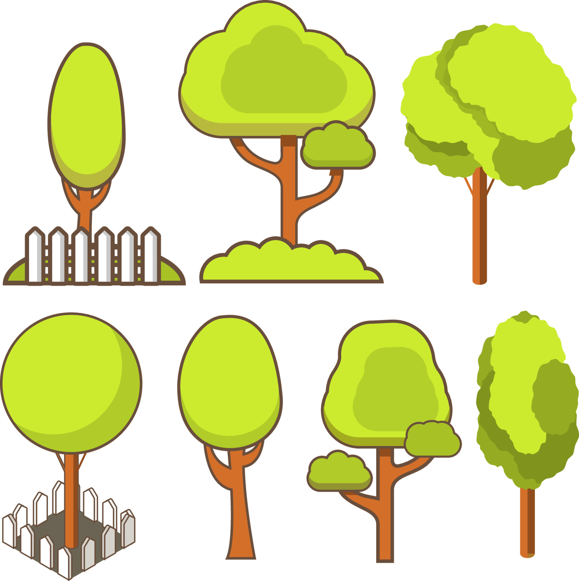 Árvores E Arbustos Dos Desenhos Animados Plantas Verdes Com As