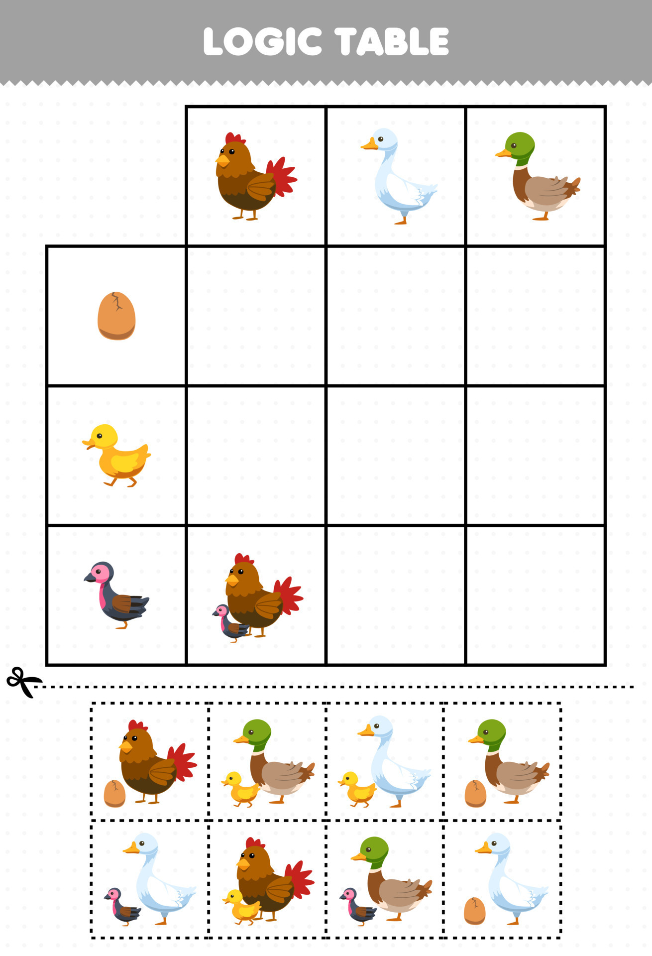 Jogo de educação para crianças corta e combina a mesma imagem de planilha  de fazenda imprimível de galinha de ovo de galinha de desenho animado  bonito